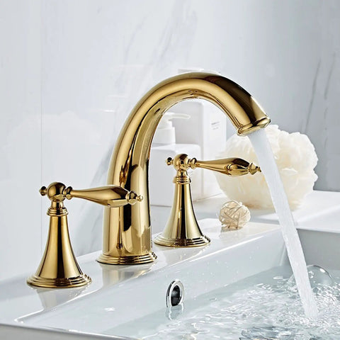 Polished Gold 3 Hole Bathroom Faucet Set With Overflow Pop Up Drain Easy Install Widespread Brass Two Handle Bath Tub Faucet For Restroom Sink No Drip Ceramic Valve