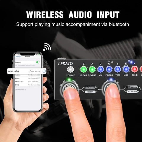 Multi Effects Guitar Pedal With Nine Amp Models And Eight IR Cabinets Dope Delays Reverb And Distortion Overdrive IR Loading shown with phone connected via Bluetooth