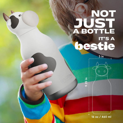 Charming Cow Print Water Bottle For Kids And Teens Bpa Free Reusable Insulated Sipper Cup Limited Edition Collectible Character Gear Squad Approved Vibe Plus Leak Proof Lid held by a child in a colorful striped shirt.
