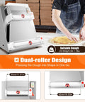 Pro Level Automatic Pizza Dough Press Expanding Four To Sixteen Inches Driven By A Serious 370W Motor And Dual Rollers in a commercial kitchen setting.