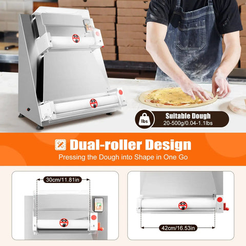 Pro Level Automatic Pizza Dough Press Expanding Four To Sixteen Inches Driven By A Serious 370W Motor And Dual Rollers in a commercial kitchen setting.