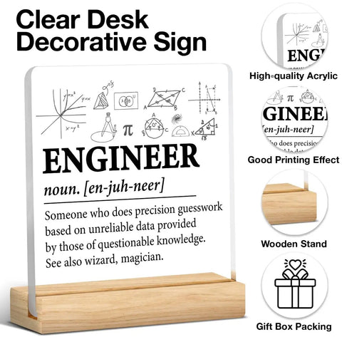 Engineer Definition Acrylic Plaque With Wooden Stand 4x4 Inch Square Cool Desk Sign Modern Clear Engineering Decor For Home Office Tabletop Gift Idea Perfect Gift For Any Desk, showing detailed design and wooden stand.