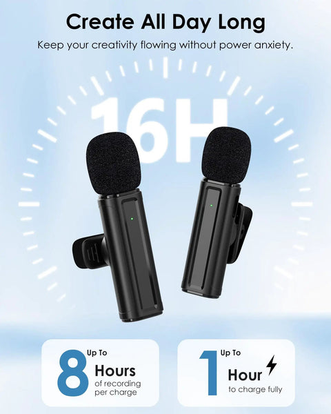 Wireless Mini Lavalier Microphone For iPhone Android Camera And PC 4 In 1 Lapel Mic with rotatable clip next to battery stats