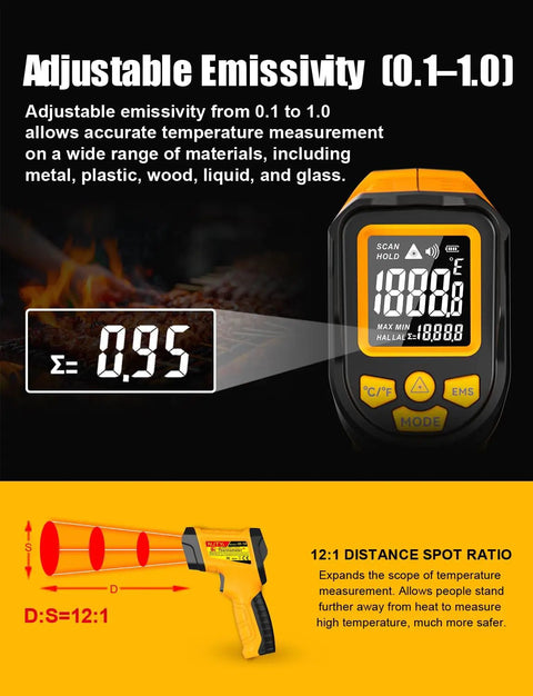 Infrared Temperature Gun With 13 Point Laser And Fast Read, Wide -58 To 1472 Degrees F, Precise Surface Readings In 0.5 Seconds, Great For Cooking, Griddles, HVAC, Automotive, And DIY Projects, with adjustable emissivity display