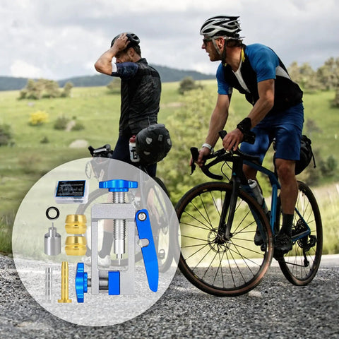 All In One Bike Hydraulic Brake Tool Kit For Easy Disc Brake Maintenance 2 In 1 Copper And Aluminum Alloy Line Cutter shown with cyclists