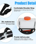 Gas Powered Backpack Fogger With 43cc Engine 20L Mosquito Control Sprayer showing details of strap, 20L medic box, and delivery pipe