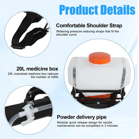 Gas Powered Backpack Fogger With 43cc Engine 20L Mosquito Control Sprayer showing details of strap, 20L medic box, and delivery pipe