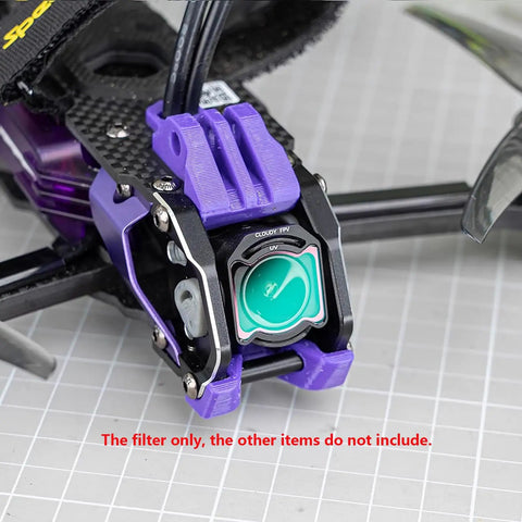FPV Drone Lens Filter Set For O4 Pro Air Unit With UV ND8 ND16 ND32 Filters Double Sided Coating shown on racing drone mount