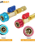 R134A Valve Core Removal Tool Set Go-To With Red High-Pressure And Blue Low-Pressure Removers shown with 16mm and 13mm couplers.