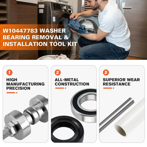 Beaquicy W10447783 washer tub bearing tool kit components; three-panel banner showing bearings, seals, and rod with PVC pipe.