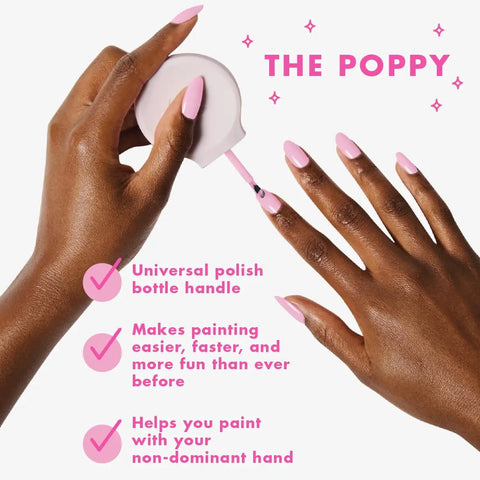 Applying nail polish with The Poppy universal handle, part of All In One Gel Mani Kit For At Home Nail Care With Pro Quality LED Lamp.
