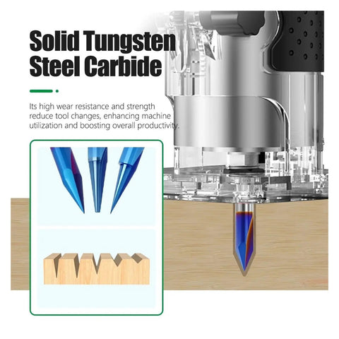 Versatile 1 Inch V Groove Router Bit For Woodworking Projects With 15 Degrees To 90 Degree Angles seen above solid tungsten steel carbide cutting into wood.