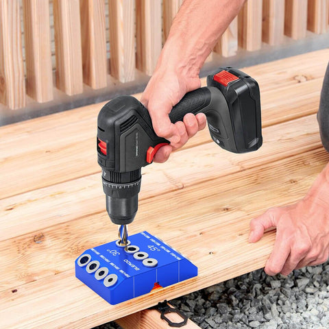 Pro Grade Angled Drill Guide Jig Kit for Wood Posts and Cable Railing with Four Durable Bits, all-metal drill jig for precise angles.