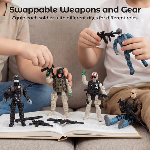 Kids playing with 12 Piece Elite Army Men Action Figures Set With Working Military Dogs And Weapons Accessories For Kids Realistic Poseable Soldiers Totally Battle Ready Kid Friendly Stocking Stuffers Birthday Gifts