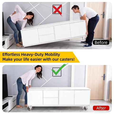 Before and after comparison of moving a cabinet with 2 Inch Side Mount Casters Set Of 4 With Thick L Shaped Plate, showing ease of use.