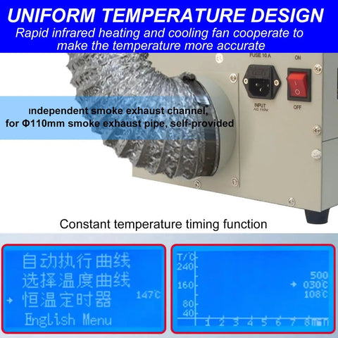 Drawer Type Reflow Oven With Hot Air Circulation And Infrared Heater Rework Station T962V20 showing temperature control and exhaust pipe