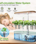 Indoor Hydroponic Garden System With 12 Pods And LED Grow Light showing aeroponic plants and water reservoir.