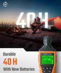 Portable Carbon Monoxide Detector With Audible And Visual Alarm And Backlit LCD For Home Car Camping And Travel Zero To Five Thousand PPM Includes Batteries And Carrying Case Orange with camping tent and campfire at dusk.