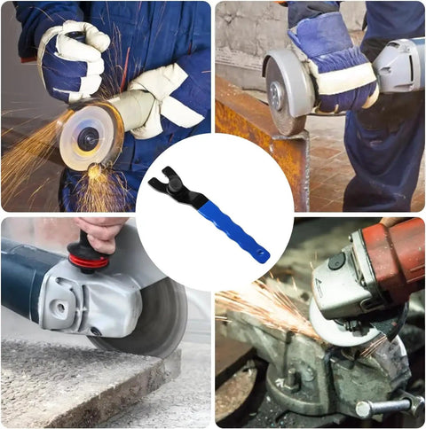 Hardcore Adjustable Pin Spanner Wrench For Angle Grinders With Rock Solid Handle And Sweat Free Disc Swap Kit Forged From Premium Chisel Tool Steel Measuring Seven Point Two Five Inches In Bold Blue with user in action.
