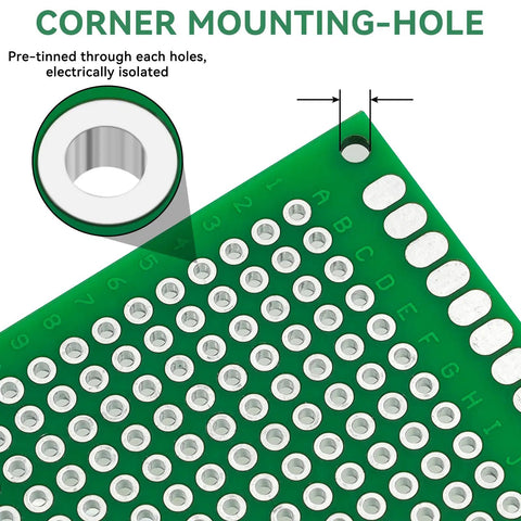 Close-up of double sided PCB board prototype kit for DIY soldering with 32 pieces in five sizes showing corner mounting-hole.