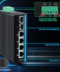 Six Port Hardened Industrial Gigabit PoE Plus DIN Rail Fiber Network Switch showing RJ45 and SFP ports for harsh environments