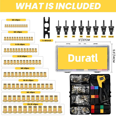 Rivet Nut Tool Kit For Tight Spaces 8 Inch Right Angle Hand Rivnut Tool with 96 Rivnuts, 8 Mandrels, Durable Carrying Case