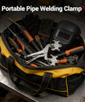 Grip Your Pipes Tight As A Drum While You Dial In Bullseye Alignments Using This Portable Pipe Welding Clamp Third Hand Tool, tools in a black and yellow bag.