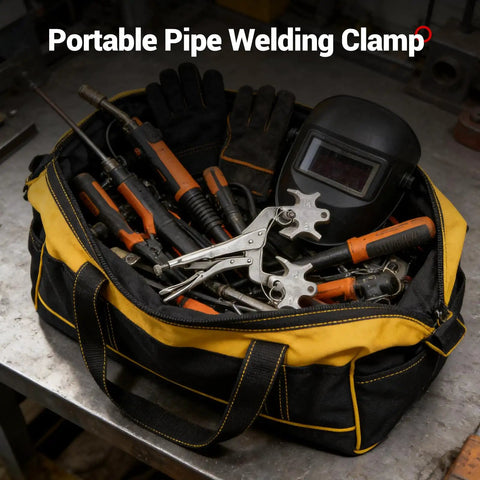 Grip Your Pipes Tight As A Drum While You Dial In Bullseye Alignments Using This Portable Pipe Welding Clamp Third Hand Tool, tools in a black and yellow bag.