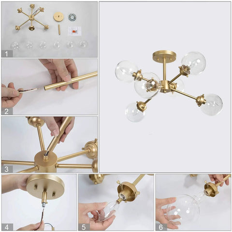 Lit Gold Semi Flush Mount Chandelier For Dining Room And Kitchen, Modern Gold Ceiling Light with installation steps