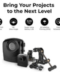 Hella Rugged Construction Time Lapse Camera Bundle With 1080p Waterproof Housing And Clamping Mount showing waterproof housing and camera setup.