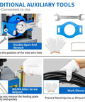 Tools included with Portable Manual Wire Stripper Machine, featuring wrenches, work gloves, and additional accessories for wire handling.