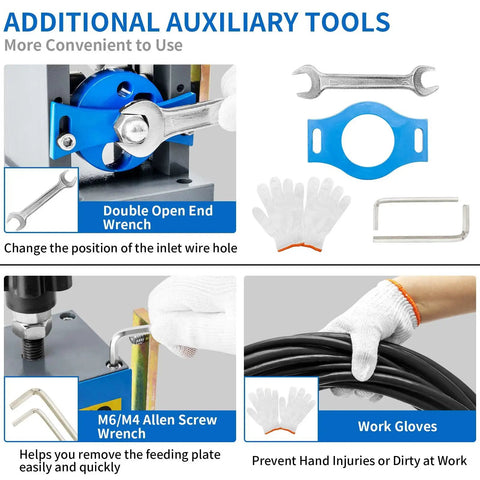 Tools included with Portable Manual Wire Stripper Machine, featuring wrenches, work gloves, and additional accessories for wire handling.
