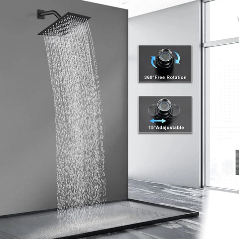 8 Inch Square Rain Shower Head With High Pressure Spray, Stainless Steel Black Finish, Ultra Thin Design, wall mounted
