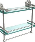 Gallery Double Towel Bar And Glass Shelf Set, 16 Inch Wide Satin Nickel Finish, with concealed mounting and solid brass hardware.