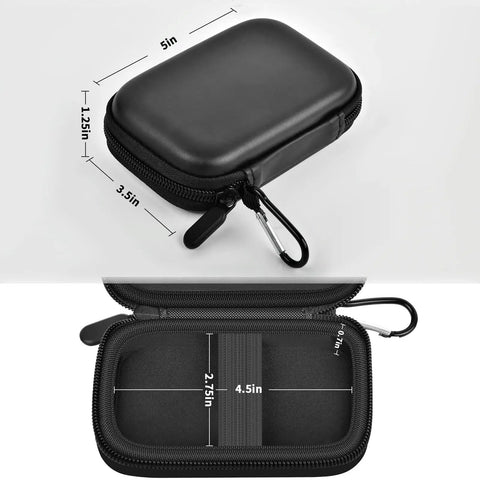 Black Go To Portable SSD Case for T9 T7 T7 Shield and T7 Touch, 1-4TB, with zipper and carabiner, interior dimensions shown.