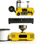 Compact Desktop 3D Printer Filament Extruder And Recycler with yellow and black design, for PLA CF and PETG CF, showing filament spools.