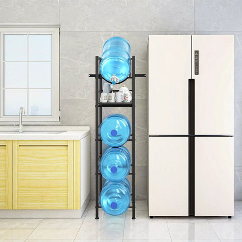 2 In 1 Five Gallon Water Jug Holder With Five Tier Stand And One Dispenser Valve beside kitchen fridge