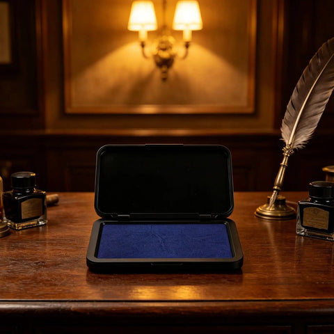 Dead Zero Smudge Fast Dry Pigment Ink Pad For Rubber Stamps and Official Signatures on a wooden desk with vintage items.
