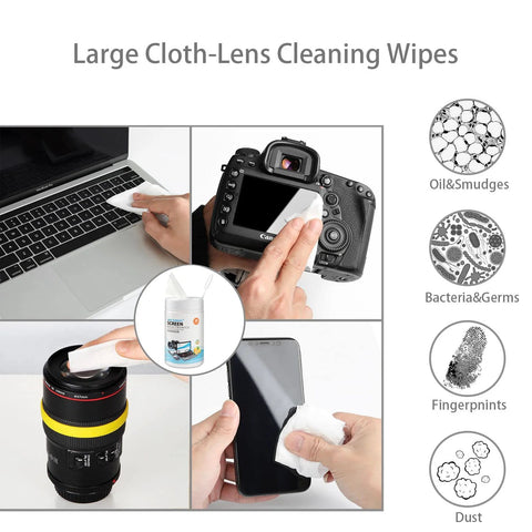 Monitor wipes for electronics; pre-moistened screen cleaner bottle shown cleaning four devices: laptop, camera, lens and smartphone.