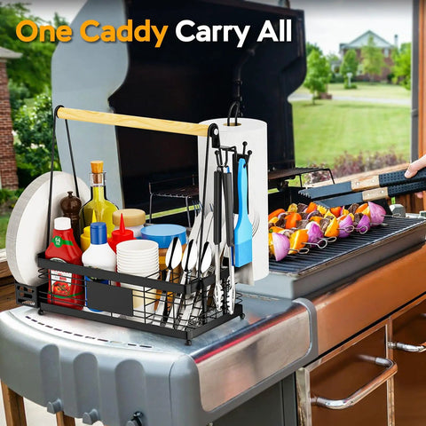 Grill Caddy With Plate Holder And Paper Towel Holder For Outdoor Cooking And Picnics on a grill holding utensils and condiments.