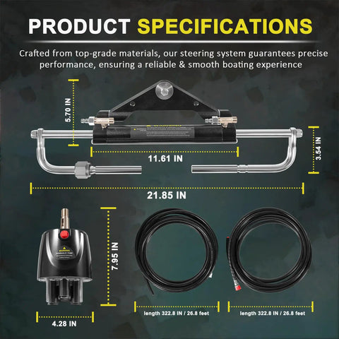 Diagram of All In One 150HP Hydraulic Outboard Steering Kit With Helm Pump Dual Lock Cylinder 26.8 Ft Hoses Fill Kit For Single Engine Boats Compatible With Yamaha Mercury Honda Suzuki Three Fourths Inch Tilt Tube showing dimensions and components.