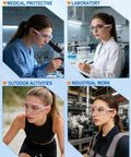 Over Eyeglasses Safety Glasses With ANSI Z87.1 Certification Clear UV380 Anti Fog Wraparound Lenses in various settings