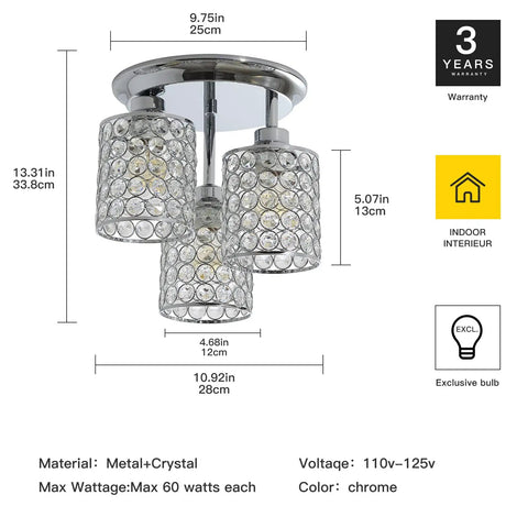 Dope Crystal Semi Flush Mount Ceiling Light With Three Lights, Modern Chrome Finish Crystal Chandelier dimensions and features
