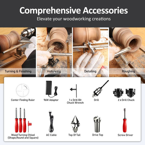Mini wood lathe WM101A-Plus with accessory kit: drill chuck, chisels, adaptor, drill, cable