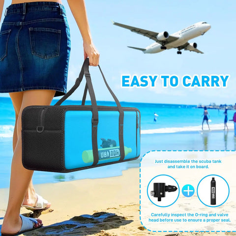 Person carrying Pocket Size 0.5L Inflatable Mini Scuba Tank Portable Dive Gear DOT Certified for underwater work and play at beach.