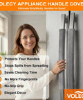 Velvet Refrigerator Handle Covers Set Of 5 Washable Door Handle Protectors shown on fridge door with a smiling woman nearby.
