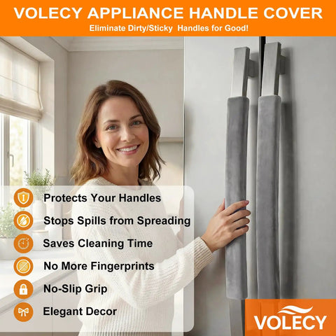Velvet Refrigerator Handle Covers Set Of 5 Washable Door Handle Protectors shown on fridge door with a smiling woman nearby.