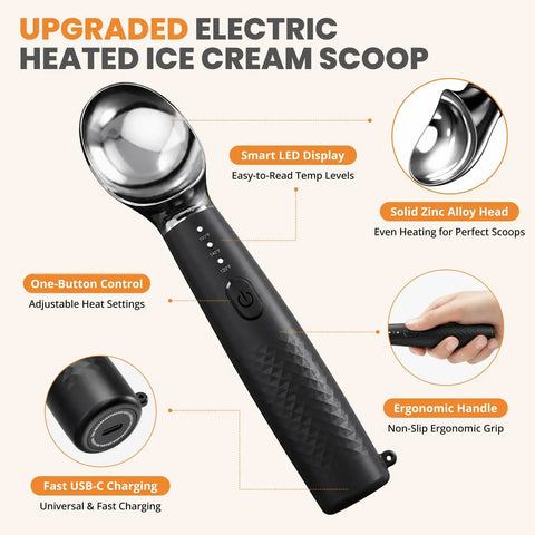 Heated Ice Cream Scoop With Three Heat Settings And 2600mAh Rechargeable Battery showing control buttons and ergonomic handle.