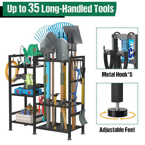 Garden Tool Organizer For Garage And Shed, 3 Tier Yard Tool Storage Rack With 35 Long Handled Slots, Heavy Duty Tool Holder