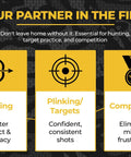 Graphic of hunting, plinking, and competition features for Break Barrel Pellet Loader Tool BBPR For.177.22.25 Caliber